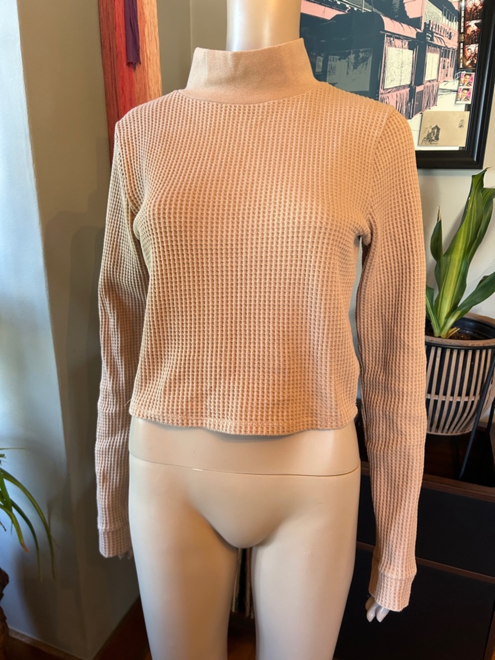 aerie Cream Waffle Knit Mock Neck Long Sleeve Top